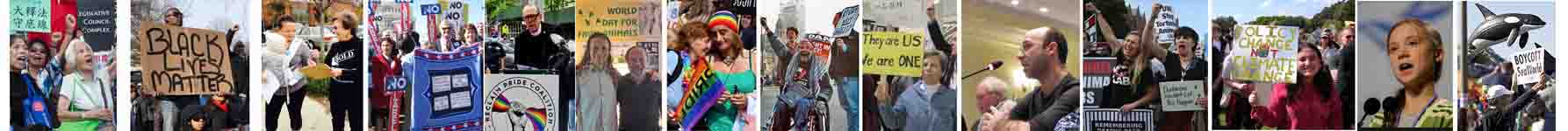 pictures of advocates show a crowd of protestors in Hong Kong, a woman with a shirt saying 'SOLD!' collecting signatures in a parking lot, a group in front of the US Capital with 'No Labels' banners, a black-and-white picture of a woman in a wheelchair in front of a bus, Stephan Sauerburger and Alex Hershaf in front of a sign saying 'world Day for Farm animals,' two women in front of a crowd smiling at eachother, holding a rainbow banner saying 'Pride.' a man in a wheelchair moving with a crowd holding signs, he is grinning triumphantly and raising his fist, a woman in a crowd holding up a sign 'They are us, We are One,' a man giving testimony to a legislature, a crowd protesting animal lab research, a young girl in a crowd smiles and holds a sign 'Policy change, not climate change'.